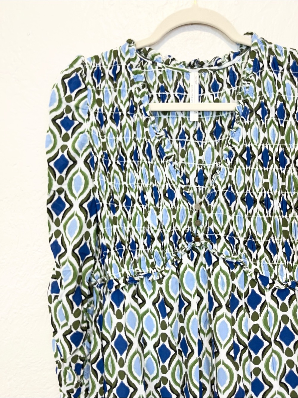 Anthropologie Dress Long Sleeve Ruffle Blue Green Smocked Large L - Picture 6 of 10